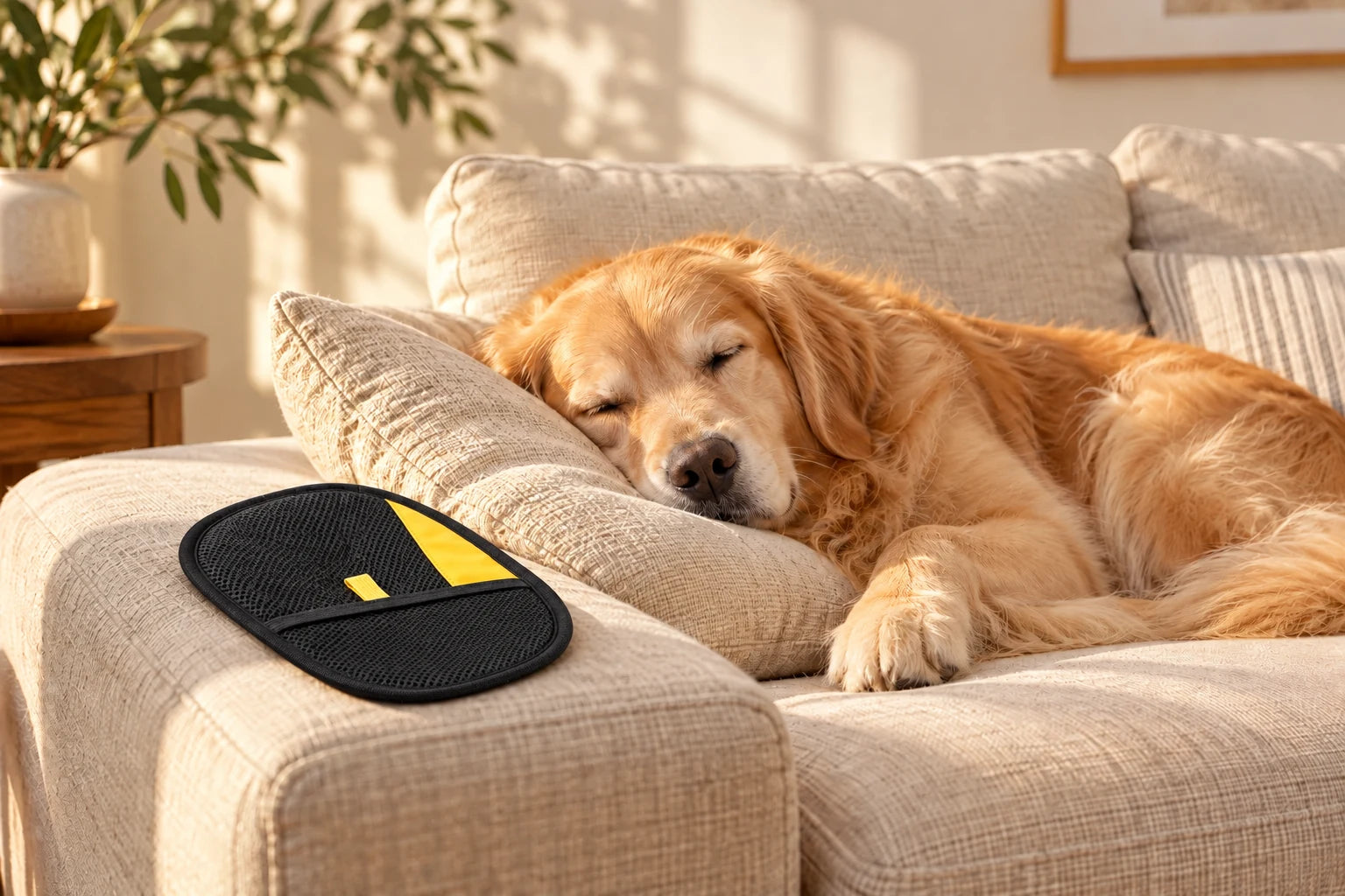 A golden retriever resting on a sofa